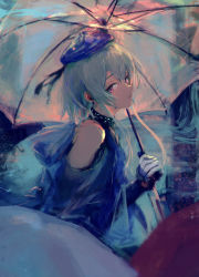 Rule 34 | 1boy, 7ife, absurdres, arknights, bare shoulders, black choker, blue hair, blue hat, blue jacket, choker, closed mouth, commentary, crossed bangs, english commentary, gloves, hat, highres, holding, holding umbrella, infection monitor (arknights), jacket, looking at viewer, male focus, mizuki (arknights), pink eyes, profile, short hair with long locks, solo, transparent, transparent umbrella, trap, umbrella, upper body, white gloves