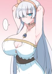 Rule 34 | ..., 1girl, akitokage, anastasia (fate), armpits, arms behind head, arms up, bare shoulders, blue eyes, blush, breasts, cleavage, dress, fate/grand order, fate (series), hair over one eye, hairband, highres, huge breasts, jewelry, long hair, looking at viewer, neck ring, necklace, pendant, solo, very long hair, white dress, white hair