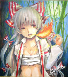 Rule 34 | 1girl, bamboo, bamboo forest, bow, breasts, breath weapon, breathing fire, cleavage, collared shirt, commentary request, female focus, fire, forest, fujiwara no mokou, full moon, grey hair, hair bow, jonasan (bad-t), long hair, long sleeves, looking at viewer, moon, nature, night, open clothes, open mouth, open shirt, outdoors, red eyes, sarashi, shikishi, shirt, signature, solo, suspenders, touhou, traditional media, upper body, very long hair, white bow, white shirt