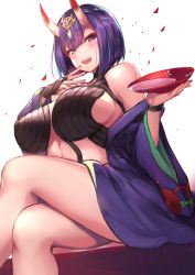 Rule 34 | 1girl, alternate breast size, blush, bob cut, breasts, commentary, crossed legs, cup, eyeliner, eyeshadow, fate/grand order, fate (series), headpiece, highres, horns, huge breasts, japanese clothes, kimono, looking at viewer, makeup, oni, open clothes, open kimono, open mouth, purple eyes, purple hair, purple kimono, revealing clothes, revision, sakazuki, short hair, shuten douji (fate), simple background, sitting, skin-covered horns, smile, solo, spider apple, white background