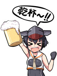 Rule 34 | &gt; &lt;, 10s, 1girl, alcohol, asymmetrical hair, bare shoulders, beer, beer mug, black hair, cheering, clenched hand, cup, closed eyes, foam, framed breasts, gloves, hair between eyes, headgear, headphones, i-14 (kancolle), kantai collection, looking at viewer, mug, neckerchief, open mouth, partially fingerless gloves, sailor collar, school swimsuit, short hair, shouting, single glove, smile, standing, swimsuit, toasting (gesture), translated, white background, yukimi unagi