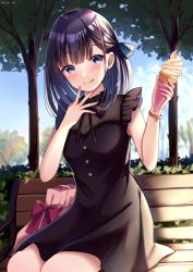Rule 34 | 1girl, :q, bag, bare arms, bare shoulders, bench, black dress, black hair, blue eyes, blue ribbon, closed mouth, commentary request, day, dress, earrings, food, food on face, hair ribbon, hands up, holding, holding food, ice cream, ice cream cone, ice cream on face, jewelry, long hair, looking at viewer, nail polish, on bench, one side up, original, outdoors, park bench, pink nails, ribbon, sakura hiyori, sitting, sleeveless, sleeveless dress, smile, soft serve, solo, tongue, tongue out, tree