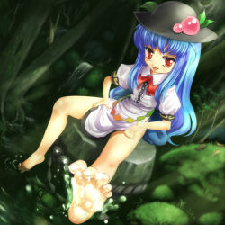 Rule 34 | 1girl, barefoot, blue hair, bottomless, feet, female focus, food, foreshortening, fruit, full body, hat, hinanawi tenshi, long hair, nature, opengear, peach, plant, red eyes, solo, touhou, water