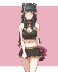Rule 34 | 1girl, alternate costume, arm behind back, bare shoulders, black hair, black shirt, black skirt, blush, border, breasts, cheerleader, cleavage cutout, closed mouth, clothing cutout, cowboy shot, embarrassed, fate/grand order, fate (series), halterneck, highres, midriff, miniskirt, navel, outside border, pink background, pom pom (cheerleading), semiramis (fate), shirt, sidelocks, skirt, solo, tonko from, twintails, white border, yellow eyes
