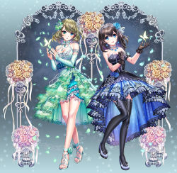 Rule 34 | 10s, 2girls, :d, bare shoulders, black hair, blue eyes, blush, breasts, bug, butterfly, choker, cleavage, collarbone, detached sleeves, dress, esphy, flower, full body, gloves, hairband, heart, heterochromia, high heels, idolmaster, idolmaster cinderella girls, idolmaster cinderella girls starlight stage, bug, jewelry, long hair, looking at viewer, mole, mole under eye, multiple girls, necklace, open mouth, revision, rose, sagisawa fumika, sandals, short hair, smile, takagaki kaede, thighhighs, toes