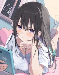 Rule 34 | 1girl, akamoku, black hair, blush, book, book stack, bra, bra strap, breasts, broken heart, casual, cellphone, chest of drawers, curtains, frown, green bra, green shorts, hair between eyes, hand on own face, heart, heart-shaped pillow, highres, holding, holding own hair, holding phone, indoors, long hair, lying, medium breasts, multicolored hair, night, night sky, on bed, on stomach, original, phone, picture frame, pillow, pout, purple eyes, purple hair, shirt, short shorts, shorts, sky, smartphone, solo, star (sky), the pose, twitter username, two-tone hair, underwear, white shirt, window