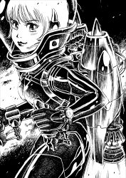 Rule 34 | 1girl, absurdres, breasts, controller, from side, gloves, greyscale, helmet, highres, jetpack, joystick, looking at viewer, medium breasts, monochrome, nakanishi kent, original, science fiction, short hair, smile, solo, space helmet, spacesuit, thrusters, v-shaped eyebrows