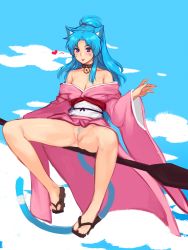 Rule 34 | 1girl, :p, animal ears, bad id, bad pixiv id, bare legs, bell, blue hair, blue sky, botan (yu yu hakusho), bottomless, breasts, broom, cat ears, cat tail, cleavage, cleft of venus, cloud, day, facial mark, feet, female pubic hair, full body, heart, highres, japanese clothes, jingle bell, kimono, legs, long hair, long sleeves, looking at viewer, no panties, ponytail, pubic hair, purple eyes, pussy, sitting, sky, slippers, slit pupils, solo, spread legs, sunna (nilsunna), tail, tongue, tongue out, uncensored, whisker markings, wide sleeves, yuu yuu hakusho
