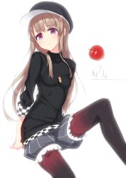 Rule 34 | 1girl, apple, breasts, brown hair, food, fruit, hat, hiraga matsuri, jewelry, pantyhose under shorts, long hair, necklace, original, pantyhose, purple eyes, shorts, simple background, sitting, small breasts, solo, sweater, white background
