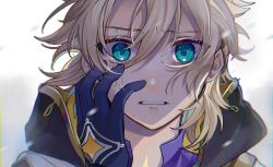 Rule 34 | 1boy, albedo (genshin impact), blonde hair, blue eyes, close-up, commentary, genshin impact, gloves, hair between eyes, hands on own face, highres, male focus, nakura hakuto, open mouth, solo, tearing up, tears