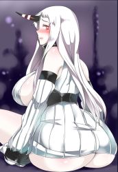 Rule 34 | 10s, 1girl, abyssal ship, ass, bare shoulders, blush, breasts, detached sleeves, dress, horns, huge ass, huge breasts, kantai collection, long hair, looking at viewer, looking back, no panties, ribbed dress, ribbed sweater, seaport princess, short dress, sideboob, single horn, solo, sweater, sweater dress, white hair, yac (mokkori)