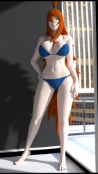 Rule 34 | 1girl, 3d, bikini, breasts, brown hair, covered erect nipples, denis549, female focus, full body, green eyes, hair over one eye, hand on own hip, highres, large breasts, long hair, nail polish, naruto (series), naruto shippuuden, navel, solo, standing, swimsuit, terumi mei, very long hair