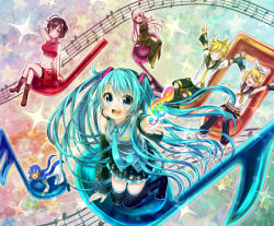 Rule 34 | &gt; &lt;, 2boys, 4girls, aliceword, aqua hair, arms up, beamed quavers, belt, blonde hair, blue eyes, boots, brown hair, closed eyes, crossed legs, detached sleeves, grin, hair ornament, hair ribbon, hairclip, hatsune miku, headphones, headset, highres, kagamine len, kagamine rin, kaito (vocaloid), knee boots, kneeling, long hair, megurine luka, meiko (vocaloid), midriff, multiple boys, multiple girls, musical note, necktie, one eye closed, open mouth, pink eyes, pink hair, quaver, red eyes, ribbon, shorts, sitting, skirt, smile, staff (music), thigh boots, thighhighs, treble clef, twintails, v, very long hair, vocaloid, wink