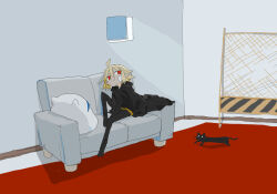 Rule 34 | 1girl, ahoge, bandage on face, bandages, bandaid, bandaid on face, black cloak, black pants, black shirt, blonde hair, cat, chain-link fence, character pillow, chrogire/girection, cloak, closed mouth, couch, dot mouth, fence, half-closed eyes, hood, hood down, hooded cloak, indoors, jaggy lines, knee up, kokaki mumose, layered shirt, light rays, looking to the side, moneko (null-meta), natsuka (chrogire), no pupils, on couch, pants, pointy ears, red eyes, shirt, short hair, sitting, solo, sunbeam, sunlight, tearing up, wide shot, yellow shirt