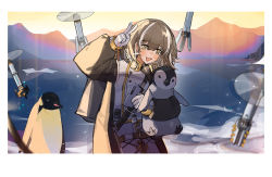 Rule 34 | 1girl, :3, :d, animal, arknights, backpack, bag, bird, bird mask, brown hair, cameo, coat, drone, earrings, hair between eyes, highres, holding, holding animal, holding bird, jewelry, lake, looking at viewer, magallan (arknights), mask, mask around neck, mountain, multicolored hair, open mouth, outdoors, penguin, short hair, silver hair, smile, snow, solo, streaked hair, emperor (arknights), two-tone hair, upper body, v, white coat, winter clothes, winter coat, yellow eyes, yurooe