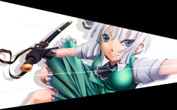 Rule 34 | &gt;:), 1girl, ascot, black gloves, blue eyes, bob cut, bow, breasts, female focus, gloves, hair bow, impossible clothes, impossible shirt, katana, konpaku youmu, looking at viewer, scabbard, sheath, sheathed, shirt, silver hair, skirt, slashing, smile, solo, sword, touhou, uraomote, v-shaped eyebrows, vest, weapon