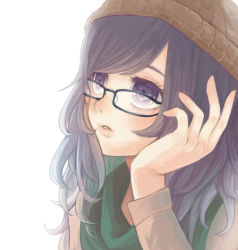 Rule 34 | 1girl, beanie, black hair, casual, female focus, glasses, hat, head rest, mikitsui, original, portrait, purple eyes, simple background, solo, upper body, white background