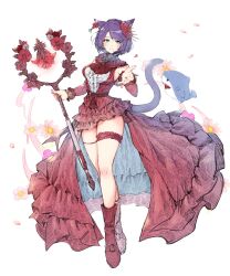 Rule 34 | 1girl, animal ears, warrior of light (ff14), braid, breasts, cat ears, cat girl, cat tail, crown braid, detached sleeves, earrings, facial mark, final fantasy, final fantasy xiv, flower, full body, green eyes, hair flower, hair ornament, highres, holding, holding staff, jewelry, large breasts, looking at viewer, medium breasts, miqo&#039;te, mokokoiro, nail polish, outstretched arm, purple hair, red footwear, red nails, shoes, short hair, smile, solo, staff, standing, tail, thigh strap, white background
