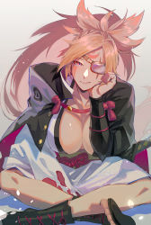 Rule 34 | 1girl, absurdres, armor, bad id, bad pixiv id, baiken, black footwear, black jacket, breasts, cheek rest, cleavage, closed mouth, commentary, commission, crossed legs, dark-skinned female, dark skin, eyepatch, facepaint, gradient background, greaves, grey background, guilty gear, guilty gear xrd, hand on own cheek, hand on own face, highres, huge filesize, jacket, jacket on shoulders, japanese clothes, katana, kimono, large breasts, lips, long hair, looking at viewer, one eye covered, open clothes, open jacket, osushiumiushi, parted bangs, pink hair, ponytail, red eyes, rope, sandals, scar, scar across eye, scar on face, sheath, sheathed, simple background, sitting, skeb commission, smile, solo, spiked hair, sword, tassel, weapon, white kimono