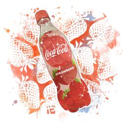 bottle coca-cola drink food food_focus highres no_humans original soda still_life strawberry_background studiolg