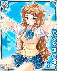 Rule 34 | 1girl, :o, arm up, blue background, blue bow, blue skirt, bow, braid, brown eyes, brown hair, card, character name, girlfriend (kari), jacket, long hair, miyoshi nao, official art, open hand, open mouth, plaid, plaid skirt, qp:flapper, shirt, sitting, skirt, solo, sweater vest, tagme, tired, white shirt, yellow sweater vest