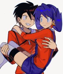 1boy 1girl afyewv5 black_hair blue_eyes blue_hair blue_overalls carrying carrying_person closed_mouth commentary_request creatures_(company) earrings ethan_(pokemon) game_freak grin hands_on_another&#039;s_shoulders highres jacket jewelry kris_(pokemon) light_blush light_smile long_hair long_sleeves midriff_peek nintendo one_eye_closed overalls pokemon pokemon_adventures princess_carry red_jacket red_shirt shirt short_hair simple_background smile star_(symbol) star_earrings thighhighs twintails white_background white_thighhighs yellow_eyes