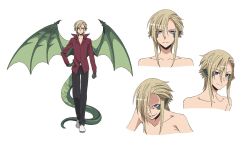 Rule 34 | 10s, 1girl, androgynous, blonde hair, character design, character sheet, collarbone, concept art, draco (monster musume), dragon girl, dragon tail, dragon wings, expressions, facial expressions, flat chest, full body, grin, hand on own hip, highres, monster girl, monster musume no iru nichijou, multiple views, official art, pointy ears, purple eyes, reverse trap, scales, short hair, simple background, slit pupils, smile, tail, tomboy, white background, wings