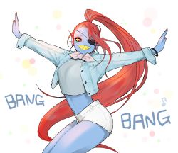 Rule 34 | 1girl, alternate costume, animal ears, bad id, bad tumblr id, bangle, blue jacket, blue skin, blush, bracelet, breasts, casual, circle, colored sclera, colored skin, cowboy shot, crop top, crop top overhang, cropped jacket, cutoffs, eyepatch, eyeshadow, fins, grin, head fins, jacket, jewelry, jumping, long hair, long sleeves, looking at viewer, makeup, medium breasts, midriff, monster girl, musical note, nail polish, navel, neckerchief, one eye covered, open clothes, open jacket, outstretched arms, ponytail, quaver, red eyes, red hair, red nails, scarf, sharp teeth, short shorts, shorts, simple background, slit pupils, smile, solo, spread arms, stomach, teeth, unbuttoned, undertale, undyne, very long hair, white background, white shorts, yamtteng, yellow sclera