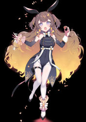 Rule 34 | 1girl, adapted costume, alternate costume, animal ears, anya melfissa, black background, blonde hair, breasts, brown hair, cup, detached sleeves, drinking glass, falling petals, highres, hololive, hololive indonesia, leotard, long hair, looking at viewer, messy hair, multicolored hair, open mouth, pantyhose, petals, playboy bunny, pochi (pochi-goya), purple eyes, rabbit ears, solo, two side up, very long hair, virtual youtuber, white pantyhose, wine glass