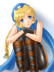 Rule 34 | 1girl, bad id, bad pixiv id, bare shoulders, black gloves, black pantyhose, blonde hair, blue hair, boots, braid, fingerless gloves, fire emblem, fire emblem: genealogy of the holy war, gloves, hanasaki komugi, highres, hugging own legs, legs together, long hair, nintendo, open mouth, pantyhose, patty (fire emblem), ponytail, scarf, simple background, single braid, sleeveless, solo, squatting, white background