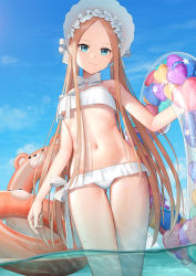 Rule 34 | 1girl, abigail williams (fate), abigail williams (swimsuit foreigner) (fate), abigail williams (swimsuit foreigner) (third ascension) (fate), bare shoulders, bikini, blonde hair, blue eyes, blue sky, bonnet, bow, breasts, closed mouth, fate/grand order, fate (series), forehead, hair bow, highres, innertube, kep (ahokep), long hair, looking at viewer, miniskirt, navel, ocean, parted bangs, sidelocks, skirt, sky, small breasts, smile, swim ring, swimsuit, thighs, twintails, very long hair, wading, wet, white bikini, white bow, white headwear