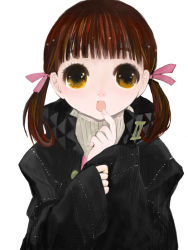 Rule 34 | atlus, bad id, bad pixiv id, blunt bangs, borrowed clothes, brown eyes, brown hair, doujima nanako, eye focus, honoka (pandatype), jacket, persona, persona 4, ribbon, short twintails, simple background, solo, twintails, white background
