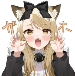 Rule 34 | 1girl, animal ears, black bow, black dress, blonde hair, blush, bow, dress, fangs, hair bow, highres, jinrou judgment, long hair, long sleeves, looking at viewer, open mouth, paw pose, piyopoyo, sandra (jinrou judgment), simple background, solo, upper body, white background, wolf ears, wolf girl, yellow eyes