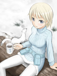 Rule 34 | 10s, 1girl, arm support, bad id, bad pixiv id, blonde hair, blue eyes, brave witches, cup, from above, fudama, looking up, mug, nikka edvardine katajainen, open mouth, pantyhose, pouch, short hair, sitting, smile, snow, solo, strike witches, sweater, turtleneck, uniform, weasel, white pantyhose, world witches series