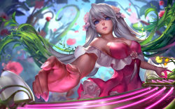 Rule 34 | 1girl, alternate costume, bare shoulders, dress, flower, glowing, grey hair, highres, instrument, league of legends, long hair, looking at viewer, nail polish, parted lips, pink nails, plant, purple eyes, solo, sona (league of legends), sweetheart sona, tinadraw, twintails, upper body, vines