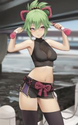 Rule 34 | 1girl, absurdres, arms up, bare shoulders, black thighhighs, breasts, closed mouth, crop top, dolri, earrings, facing viewer, genshin impact, green hair, hair between eyes, hair ornament, highres, jewelry, kuki shinobu, looking to the side, medium breasts, midriff, navel, outdoors, ponytail, purple eyes, rope, shimenawa, short shorts, shorts, smile, solo, stomach, tassel, tassel earrings, thighhighs, thighs