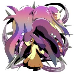 Rule 34 | alternate color, black hair, creatures (company), extra mouth, from behind, full body, game freak, gen 3 pokemon, hand up, kanikou7, looking at viewer, looking back, mawile, mega mawile, mega pokemon, nintendo, no humans, pokemon, pokemon (creature), pokemon rse, red eyes, sharp teeth, shiny pokemon, simple background, standing, teeth, white background