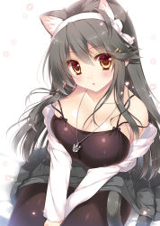 Rule 34 | 1girl, anchor necklace, animal ears, bare shoulders, between legs, black shirt, blush, breasts, brown eyes, cat ears, cherry blossoms, cleavage, collarbone, grey hair, grey skirt, hair between eyes, hair ornament, hairband, hairclip, hand between legs, haruna (kancolle), jacket, jewelry, kantai collection, kemonomimi mode, large breasts, long hair, long sleeves, necklace, official alternate costume, open mouth, pantyhose, shigunyan, shirt, simple background, sitting, skindentation, skirt, solo, white background, white hairband, white jacket