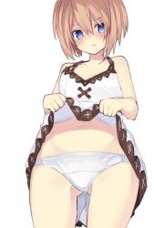 Rule 34 | 1girl, angry, bare shoulders, blanc (neptunia), blue eyes, blush, breasts, brown hair, buran buta, cleavage, clothes lift, collarbone, cowboy shot, dress, dress lift, embarrassed, frown, hair between eyes, highres, looking at viewer, navel, neptune (series), panties, short hair, simple background, small breasts, solo, spaghetti strap, underwear, white background, white dress, white panties