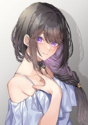 Rule 34 | 1girl, black choker, black hair, blue dress, braid, choker, closed mouth, collarbone, colored inner hair, commentary request, dress, from side, grey background, hand on own chest, highres, long hair, looking at viewer, looking to the side, multicolored hair, neck ribbon, nijisanji, off-shoulder dress, off shoulder, original, purple eyes, purple hair, ribbon, shadow, shio kouji (shiokojii), single braid, solo, spaghetti strap, upper body, virtual youtuber, virtuareal