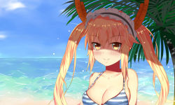 Rule 34 | 10s, 1girl, absurdres, beach, bikini, blonde hair, blush, breasts, cleavage, day, dragon horns, highres, horns, kobayashi-san chi no maidragon, large breasts, long hair, looking at viewer, maid headdress, ocean, orange eyes, outdoors, palm tree, sky, smile, solo, striped bikini, striped clothes, swimsuit, tohru (maidragon), tree, twintails, upper body, very long hair, xiao xiao touming
