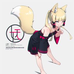 Rule 34 | anaglyph, animal ear fluff, animal ears, bare shoulders, barefoot, blonde hair, blue eyes, blunt bangs, chromatic aberration, collarbone, detached sleeves, fox ears, fox girl, fox tail, highres, kuro kosyou, looking at viewer, original, pointing, pointing at viewer, short eyebrows, sidelocks, slit pupils, smile, tail, thick eyebrows, twintails, wide sleeves