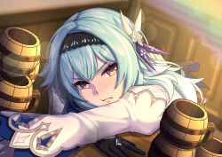 Rule 34 | 1girl, :t, absurdres, beer mug, black hairband, blue hair, brown eyes, commentary request, cup, dd che shen, eula (genshin impact), genshin impact, hair ornament, hairband, highres, indoors, juliet sleeves, long hair, long sleeves, mug, puffy sleeves, shirt, solo, upper body, white shirt