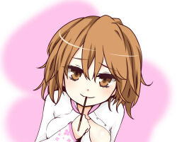 Rule 34 | 1girl, breasts, brown eyes, brown hair, closed mouth, commentary request, dot nose, dress, food, food in mouth, hair between eyes, hand up, i.u.y, leaning to the side, light blush, long sleeves, looking at viewer, medium bangs, medium breasts, medium hair, messy hair, misaka worst, open clothes, open dress, pink background, pocky, pocky in mouth, portrait, smile, solo, toaru majutsu no index, toaru majutsu no index: new testament, vietnamese dress, white dress