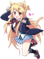 Rule 34 | 1girl, :d, animal ears, black socks, blonde hair, blue skirt, blush, bow, bowtie, breasts, cat ears, cat tail, collared shirt, commentary request, flag print, full body, grey eyes, hair bun, hair ornament, hairclip, jacket, kemonomimi mode, kin-iro mosaic, kneehighs, kujou karen, long hair, looking at viewer, m.m, open mouth, paw pose, pink bow, pink bowtie, pleated skirt, print jacket, red footwear, school uniform, shirt, shoes, side bun, simple background, single hair bun, single side bun, skirt, sleeves past wrists, small breasts, smile, sneakers, socks, solo, sparkle, standing, standing on one leg, striped bow, striped bowtie, striped clothes, striped neckwear, swept bangs, tail, union jack, very long hair, white background, white shirt, wing collar, x hair ornament