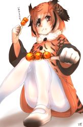 Rule 34 | 1girl, :t, bad id, bad pixiv id, bird tail, black hair, coat, commentary, convenient leg, dango, eurasian eagle owl (kemono friends), food, food on face, foreshortening, fur collar, gloves, hair between eyes, head wings, highres, kemono friends, long sleeves, looking at viewer, mitarashi dango, multicolored hair, orange coat, orange eyes, orange hair, pantyhose, shoes, short hair, sitting, solo, tail, thin (suzuneya), translated, wagashi, white pantyhose, wings