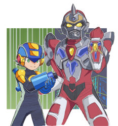 Rule 34 | 2boys, arm cannon, arm up, clenched hand, colored sclera, commentary request, crossover, denkou choujin gridman, green eyes, gridman (character), helmet, kin-san (sasuraiga), male focus, mega man (series), mega man battle network, mega man battle network (series), megaman.exe, multiple boys, sketch, smile, weapon, yellow sclera