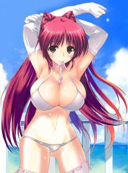 Rule 34 | 1girl, amazuyu tatsuki, aquaplus, arms up, bikini, breasts, brown eyes, elbow gloves, gloves, huge breasts, kousaka tamaki, long hair, mouth hold, official art, red hair, red theme, solo, swimsuit, thighhighs, third-party edit, to heart, to heart (series), to heart 2, white thighhighs, yellow eyes