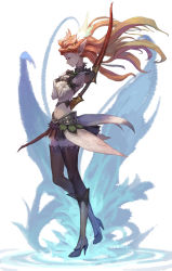 Rule 34 | 1girl, armor, boots, bow (weapon), coattails, crossed arms, detached sleeves, echo of soul, elf, closed eyes, full body, greaves, hair ornament, high heel boots, high heels, highres, long hair, loped, midriff, miniskirt, navel, orange hair, pale skin, pointy ears, skirt, sleeveless, solo, thighhighs, weapon, weapon on back, zettai ryouiki