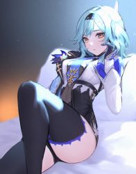Rule 34 | 1girl, ass, black gloves, black leotard, black thighhighs, blue hair, breasts, closed mouth, eula (genshin impact), genshin impact, gloves, hair ornament, hairband, hand up, highres, knee up, leotard, long sleeves, looking at viewer, medium breasts, necktie, shirt, short hair, sitting, siun, solo, thighhighs, white shirt, yellow eyes